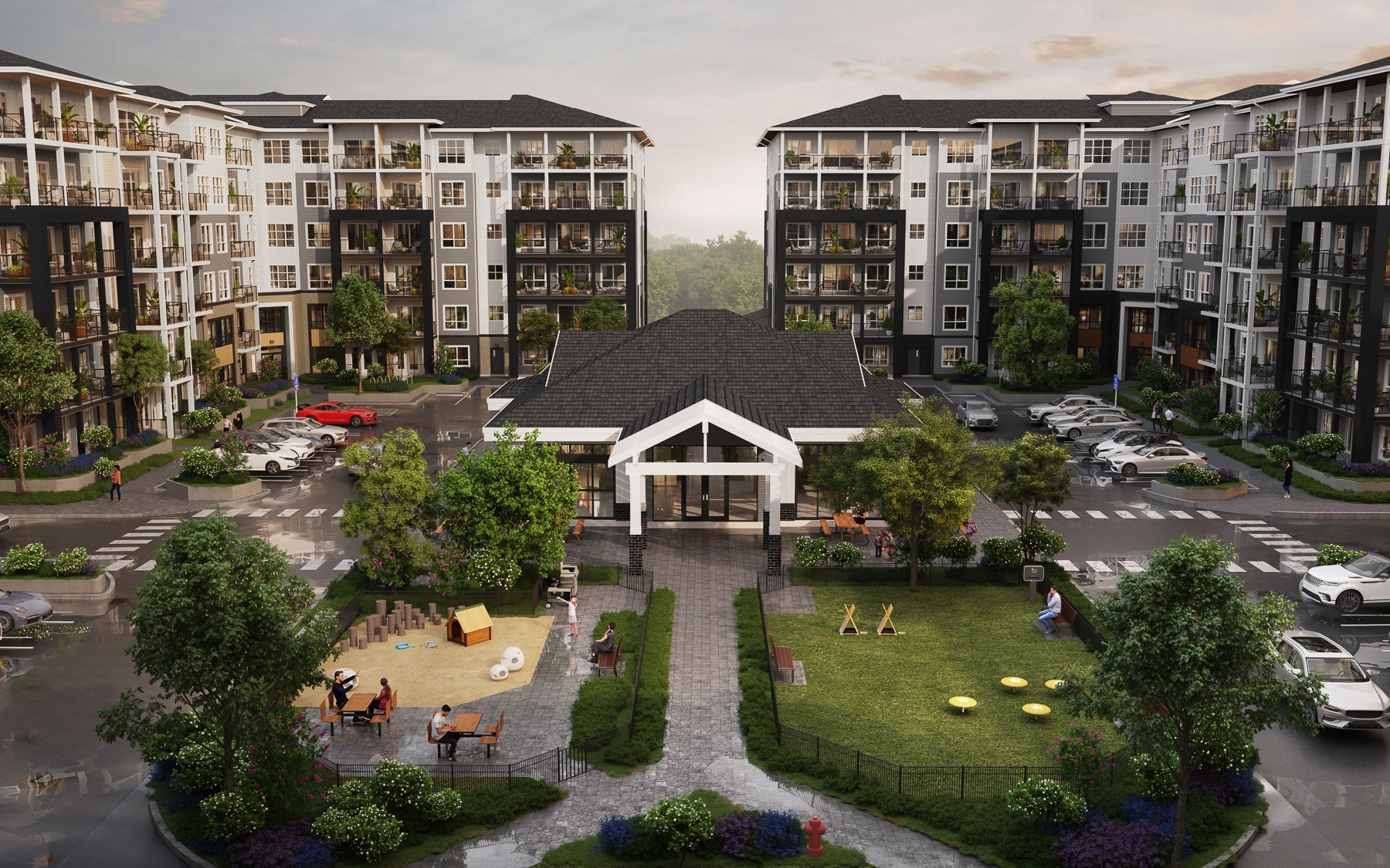 Render of Atlas's amenity building in the centre of the four buildings