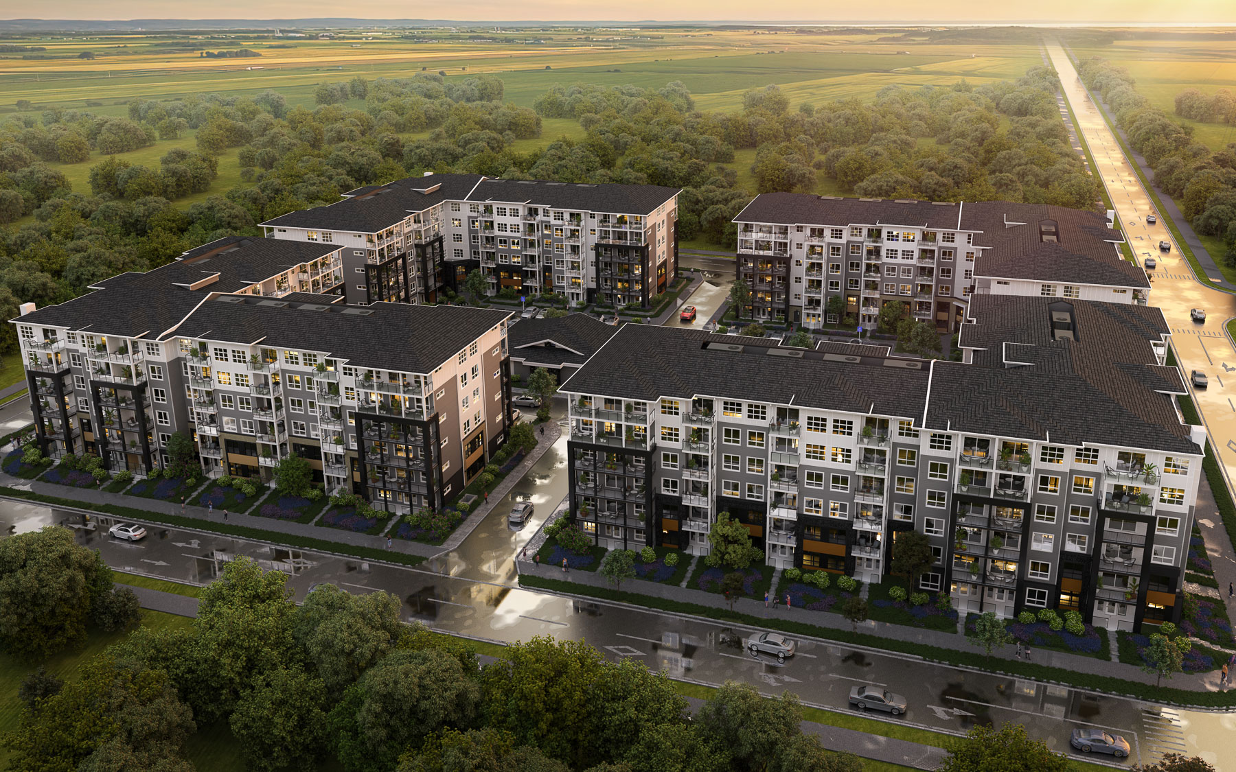 Render from drone view of Atlas's four buildings feature 432 pet friendly rental units in Calgary