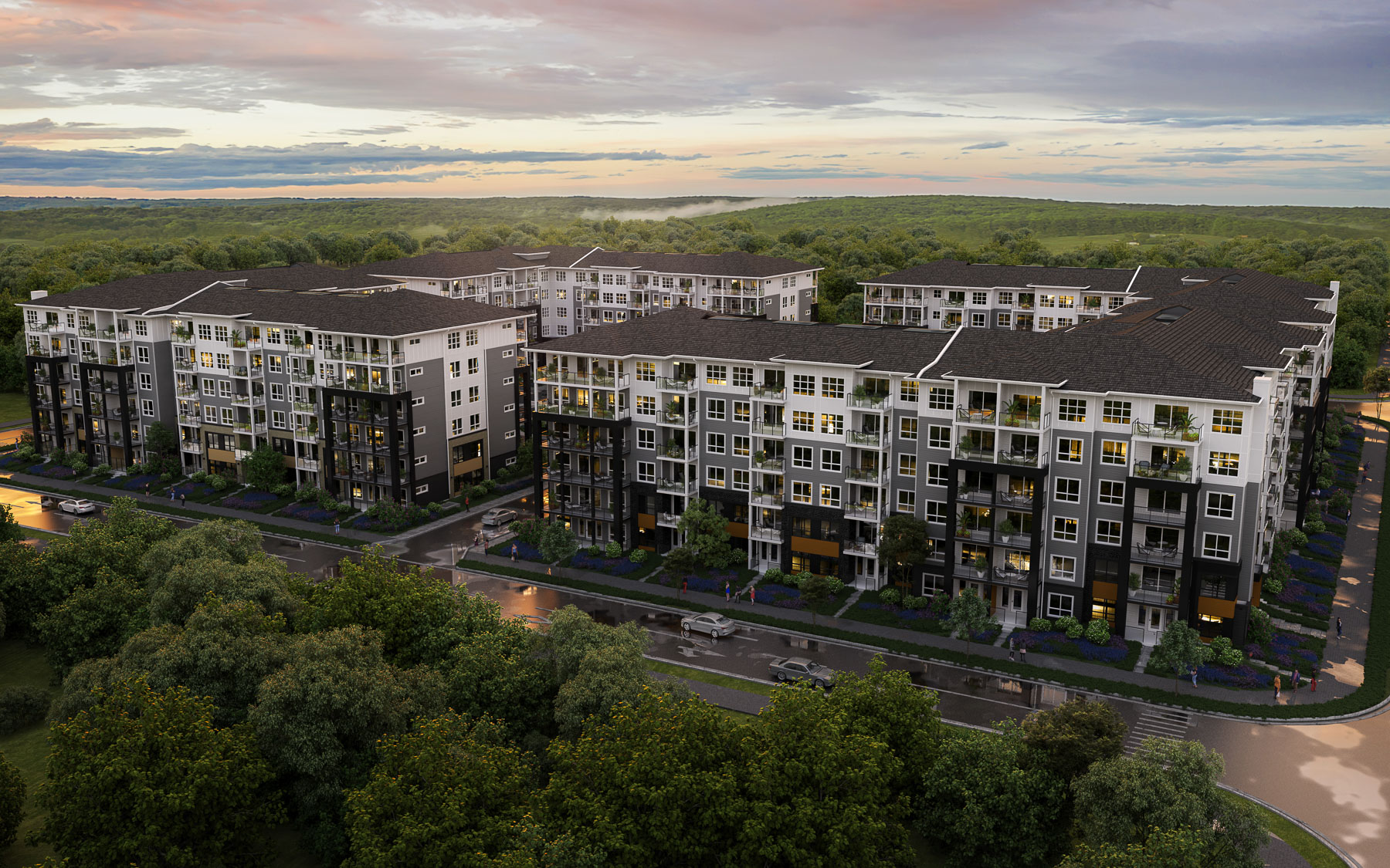 Render from drone view of Atlas's four buildings feature 432 pet friendly rental units in Calgary
